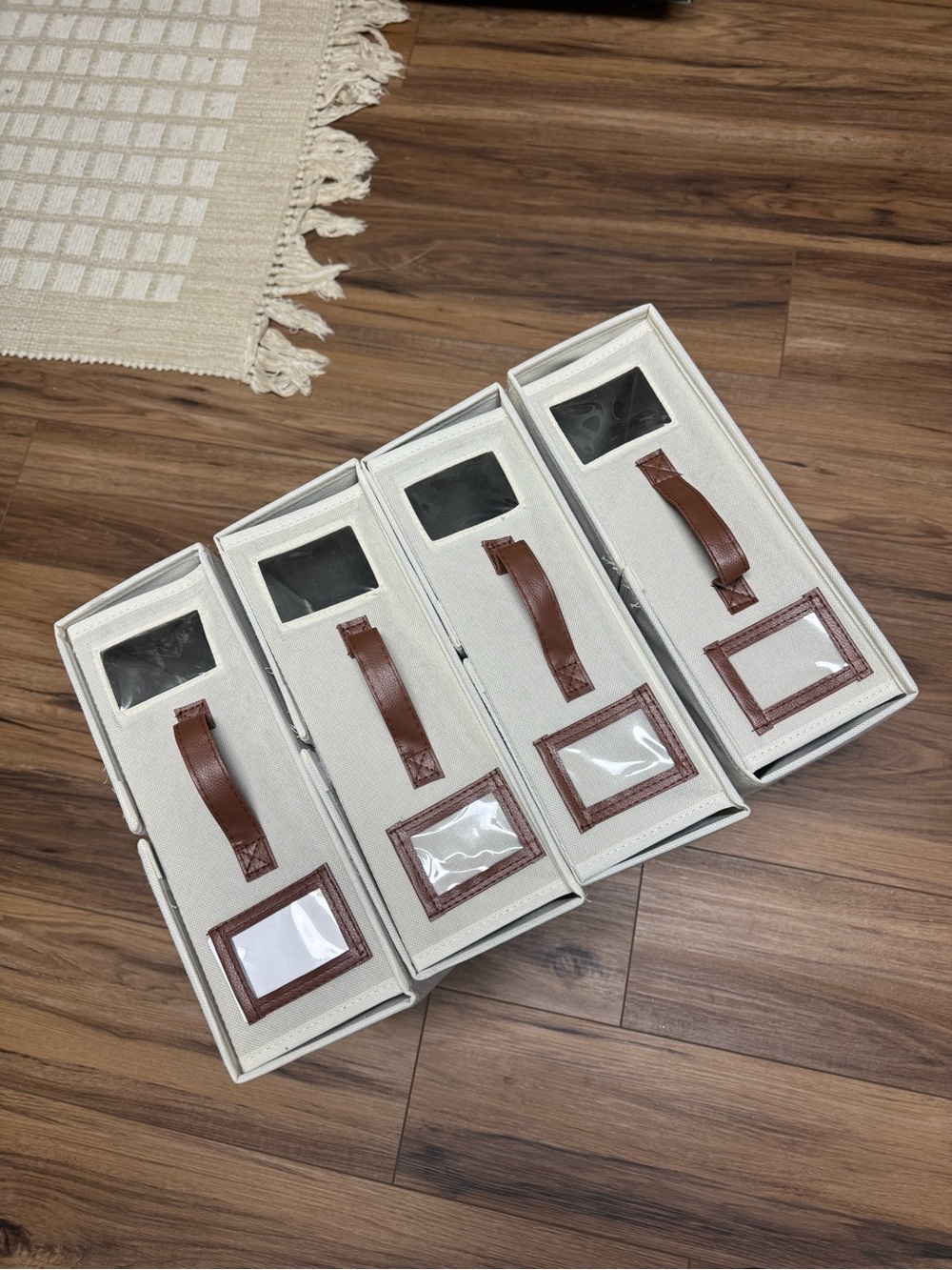 Amazon Neutral Fabric Storage Boxes with Brown Leather Handles - Set of 4